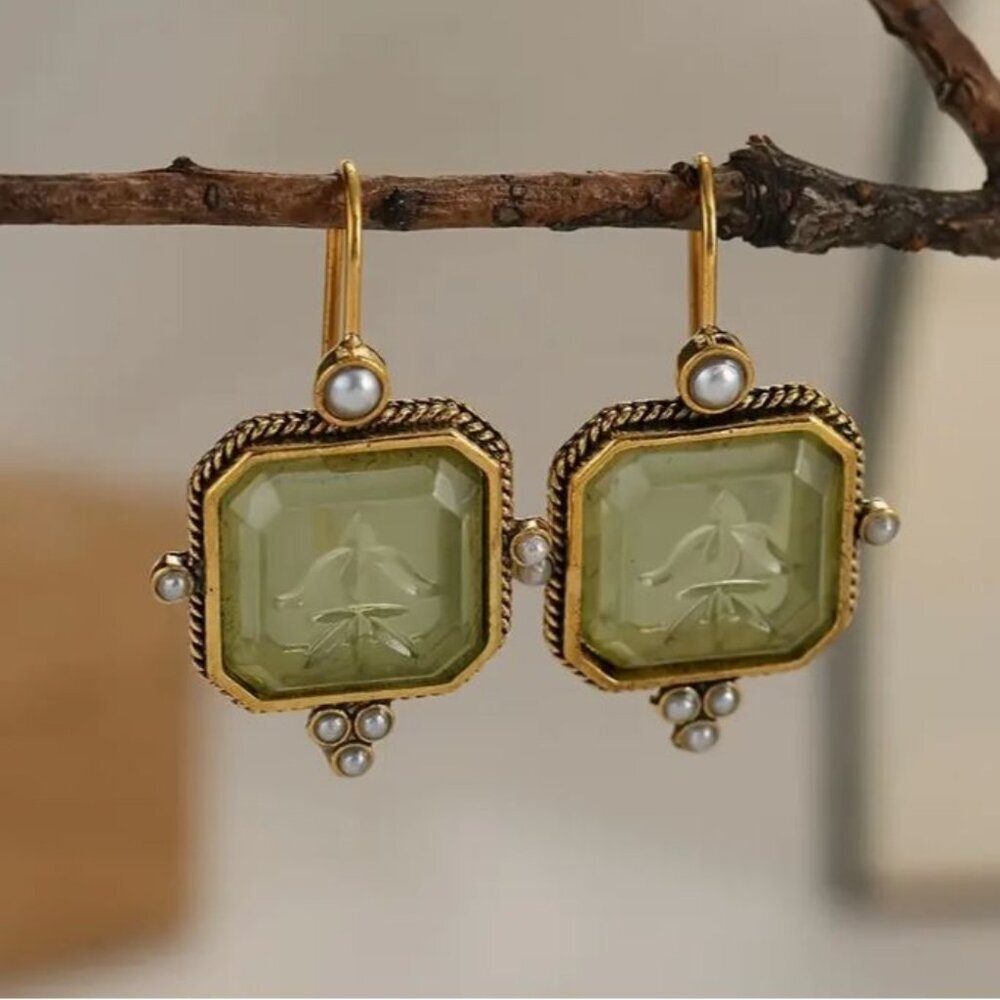 NEW Roman Revival Sage Green Engraved Stone and Seed Pearl Drop Earrings